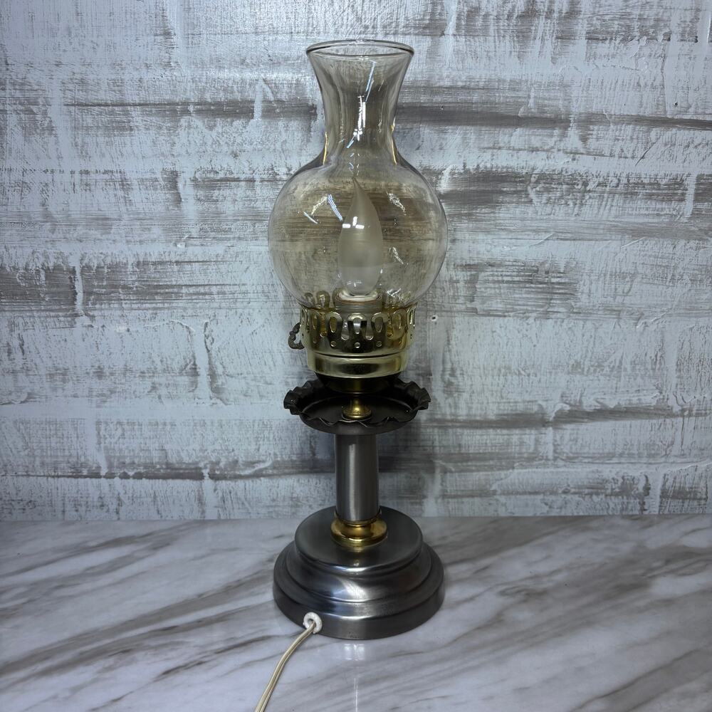 Vintage Style Silver Hurricane Electric Table Lamp with Amber Glass